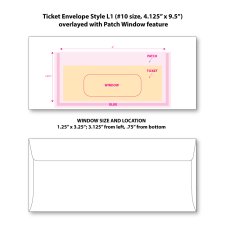 Ticket Envelope Style L1 (#10-size, 4.125" x 9.5") overlayed with patch window feature