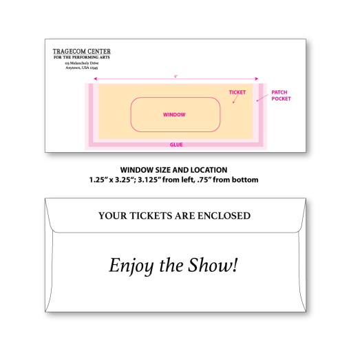 Ticket Envelope Style L1 (#10-size, 4.125" x 9.5") overlayed with patch window feature