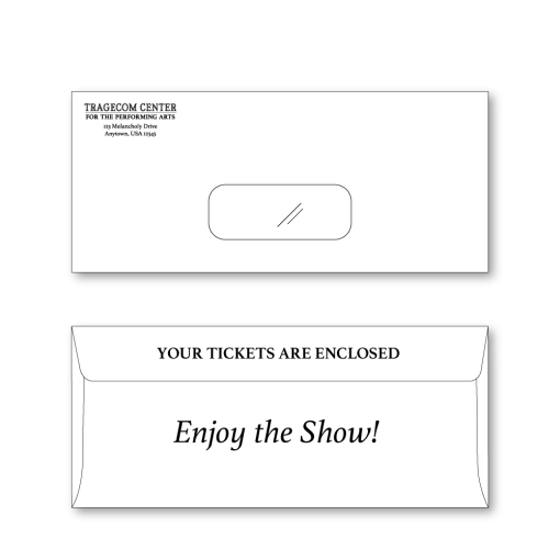 Ticket Envelope Style L1 (#10-size, 4.125" x 9.5") shown with sample copy